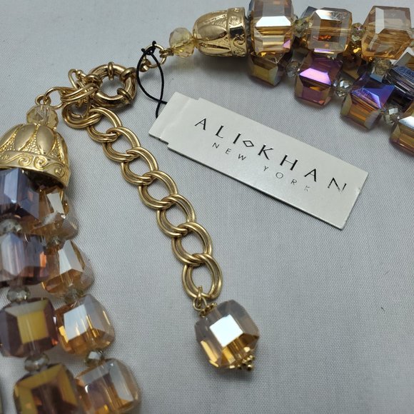 Ali khan glass cube bead 3 row necklace / casted end caps amethyst-champagne - Picture 3 of 5